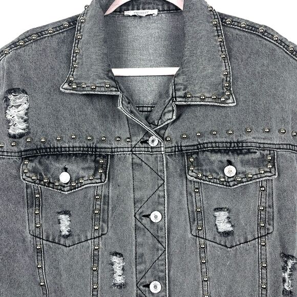 Denim Jean Jacket Womens SZ M Gray Button down Distressed Ripped Silver studs - Picture 4 of 13